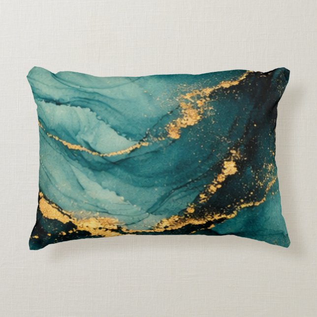 Diep turquoise en goud vloeiende beweging accent kussen (Voorkant)