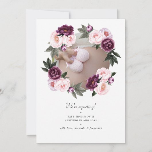 Diep Velvet en Blush Pink Floral Foto Zwangerschap Aankondiging (Voorkant)