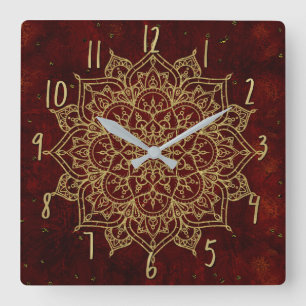 Diep Wijnrood Mandala & Goud Glam Moderne Chic Vierkante Klok