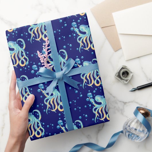 Diep Zee Schattige Octopus Blauw Bubble Navy Cadeaupapier (Geschenken)