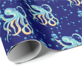 Diep Zee Schattige Octopus Blauw Bubble Navy Cadeaupapier (Rol Hoek)