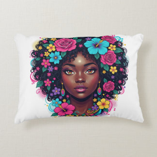 Diep zwarte vrouw met helder bloemversierde Afro Accent Kussen