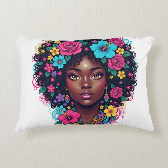 Diep zwarte vrouw met helder bloemversierde Afro Accent Kussen (Voorkant)