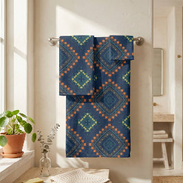 Diepblauw Etnisch Volk Boho Chic Mozaïekpatroon Bad Handdoek