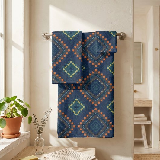 Diepblauw Etnisch Volk Boho Chic Mozaïekpatroon Bad Handdoek