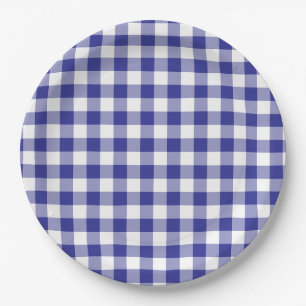 Diepblauw Gingham Landelijk Papieren Bordje
