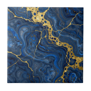 Diepblauw Gouden Aders Abstract Tegeltje