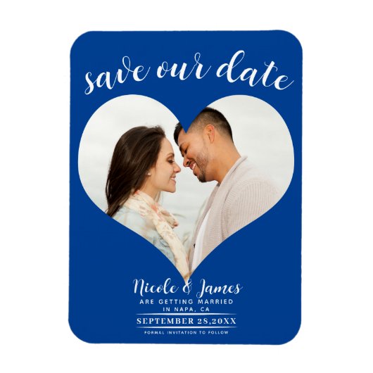 Diepblauw Hart Foto Trouw Save the Date Magneet (Verticaal)