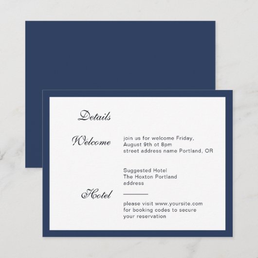 Diepblauw Lijst. Moderne elegante trouwdetails Informatiekaartje (Voorkant / Achterkant)