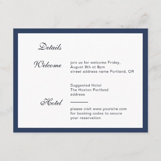 Diepblauw Lijst. Moderne elegante trouwdetails Informatiekaartje (Voorkant)