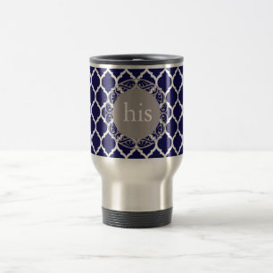 Diepblauw Marokkaans Quatrefoil Patroon Monogram Reisbeker