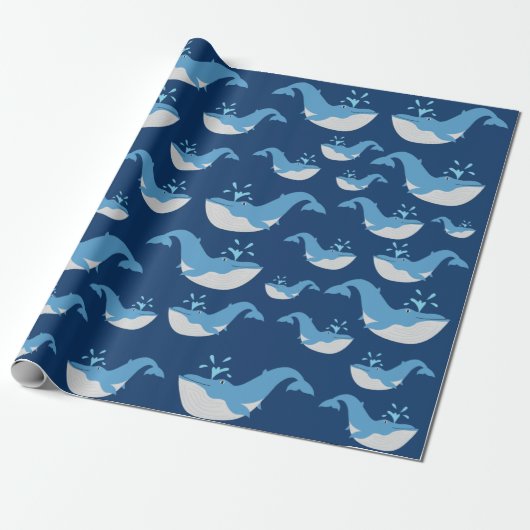 Diepblauw Oceaanwalvispatroon Cadeaupapier (Uitgerold)