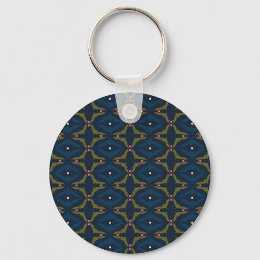 Diepblauw Retro Vintage Patroon Sleutelhanger (Voorkant)