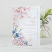 Diepblauw Roze Romantische Sakura Gouden Lijst Tro Kaart (Staand voorkant)