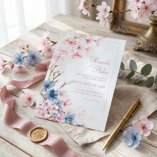 Diepblauw Roze Romantische Sakura Gouden Lijst Tro Kaart