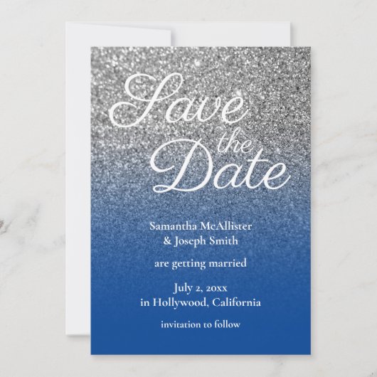 Diepblauw zilveren ombre glitter save the date kaart (Voorkant)