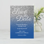 Diepblauw zilveren ombre glitter save the date kaart (Staand voorkant)