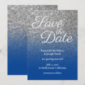 Diepblauw zilveren ombre glitter save the date kaart (Voorkant / Achterkant)