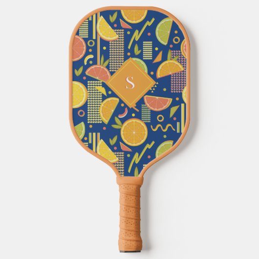 Diepblauwe 80’s citrusvruchten plakjes pickleball paddle (Voorkant)