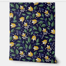 Diepblauwe en gele bloemen behang