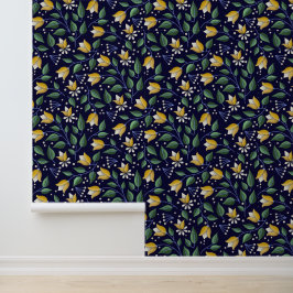 Diepblauwe en gele bloemen behang