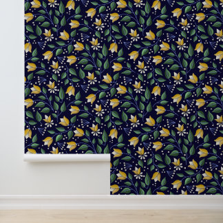 Diepblauwe en gele bloemen behang