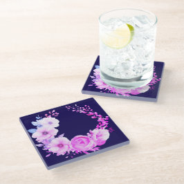 Diepblauwe en roze bloemen glazen onderzetter