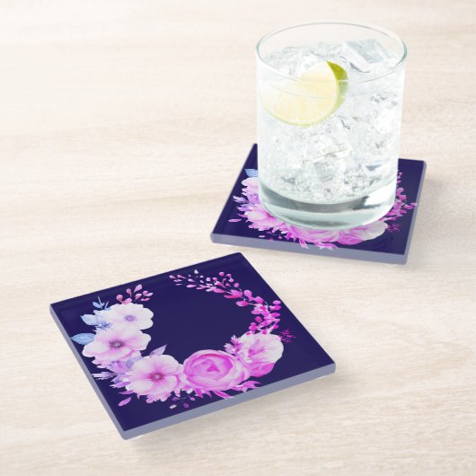 Diepblauwe en roze bloemen glazen onderzetter (Schuin)
