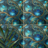 Diepblauwe en turquoise golven met gouden wervelin tegeltje