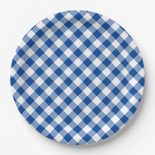 Diepblauwe Gingham Landelijke Bruiloft Papieren Bordje (Voorkant)