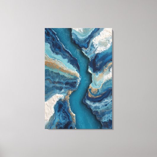 Diepblauwe Gouden Ader Abstracte Oceaan Canvas Afdruk (Voorkant)