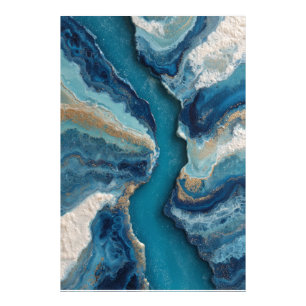 Diepblauwe Gouden Ader Abstracte Oceaan Foto Afdruk