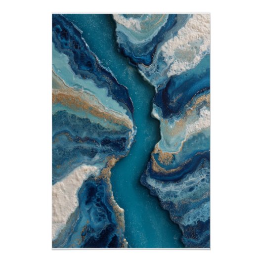 Diepblauwe Gouden Ader Abstracte Oceaan Perfect Poster (Voorkant)