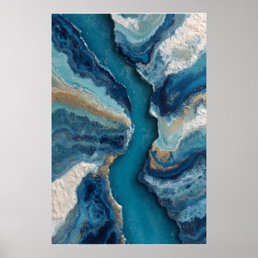 Diepblauwe Gouden Ader Abstracte Oceaan Poster (Voorkant)