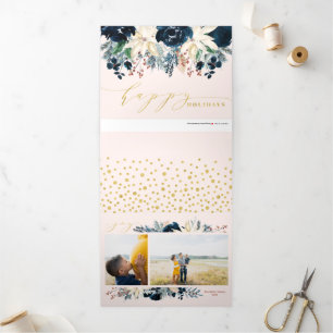 Diepblauwe & Gouden Kerstkaart met Foto Drieluik Wenskaart