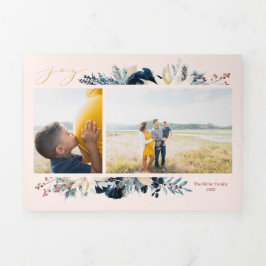 Diepblauwe & Gouden Kerstkaart met Foto Drieluik Wenskaart