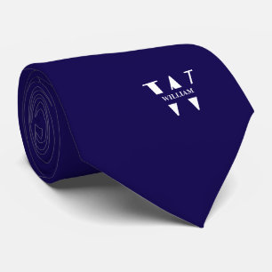 Diepblauwe Kleur Elegant Monogram + Naam Stropdas