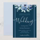 Diepblauwe waterverf bloemenelegante bruiloft kaart (Voorkant / Achterkant)