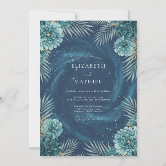 Diepe Aqua Kosmische Eucalyptus Bruiloft Kaart (Voorkant)