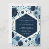 Diepe Blauwe Botanische Bloeiende Bruiloft Kaart (Voorkant)
