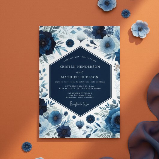 Diepe Blauwe Botanische Bloeiende Bruiloft Kaart