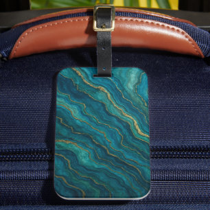 Diepe Blauwe Oceaan Marmer Agate Textuur Bagagelabel