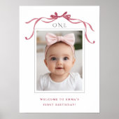 Diepe Blush Roze Strik Meisje 1e Verjaardag Welkom Poster (Voorkant)