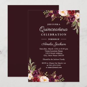 Diepe bordeauxrode bloem Quinceanera uitnodiging