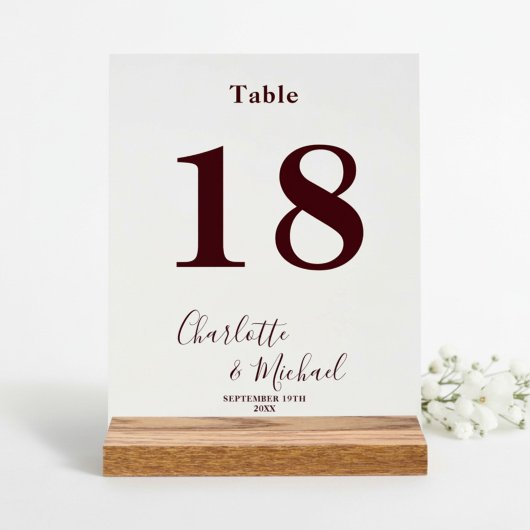 Diepe bordeauxrode elegante trouwtafel nummer acryl bord