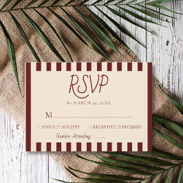Diepe bordeauxrode strepen retro minimalistische t RSVP kaartje
