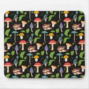 Diepe Bosmagie: Kleurrijke Paddenstoelen op Zwart Muismat