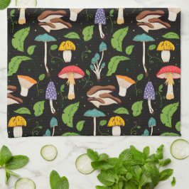 Diepe Bosmagie: Kleurrijke Paddenstoelen op Zwart Theedoek