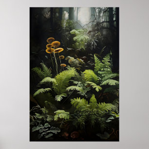 Diepe bosvarens en paddenstoelen, boslandschap mel poster