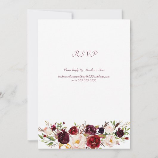 Diepe Bourgogne Bloemen Huwelijk met RSVP Kaart (Achterkant)